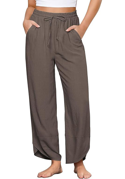 GRAPENT Linen Pants Women High Waisted Wide Leg Casual Beach Pull On Elastic Waist Summer Cropped Pants with Pockets