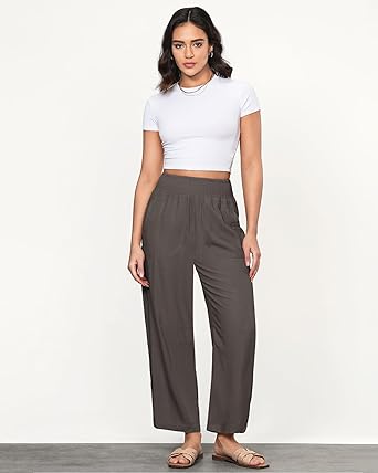 GRAPENT Linen Pants Women Wide Leg High Waisted Cropped Barrel Pull On Smocked Elastic Waist Summer Pants with Pockets