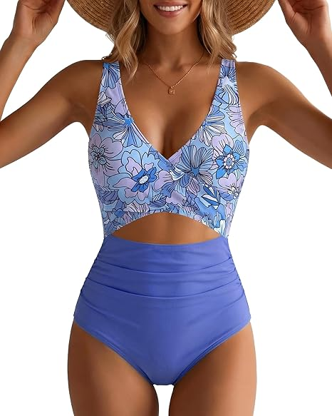 GPAPENT StrapCore One Piece Swimsuit Women V Neck Cross Front Cut Out Printed Color Block Ruched High Waisted Bathing Suits Swimwear