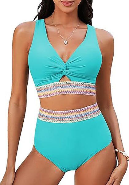 GRAPENT Bikini Sets for Women High Waisted Two Piece Swimsuit Padded Knot Twist Cut Out Color Block Bathing Suit Bikinis