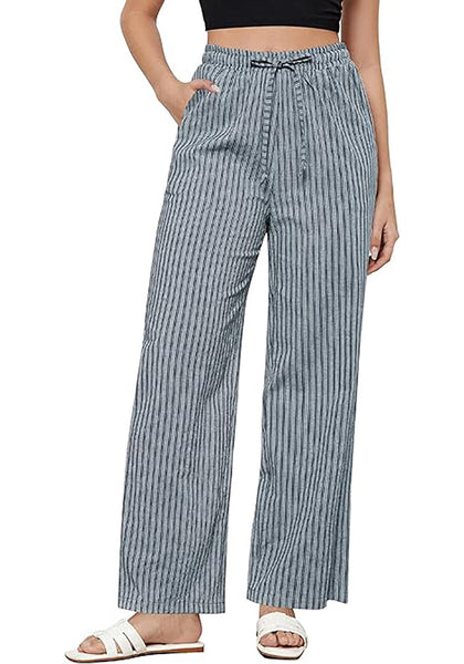 GRAPENT Striped Pants for Women High Waisted Wide Leg Cotton Linen Trendy Beach Pull on Elastic Waist Casual Flowy Pants