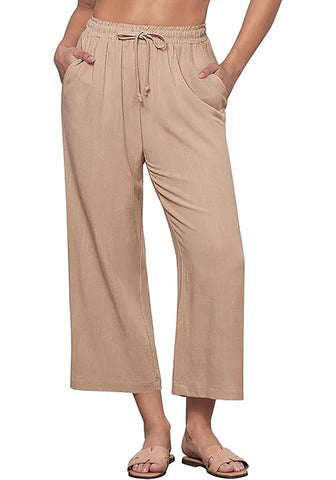 GRAPENT Linen Pants for Women High Waisted Wide Leg Capri Elastic Waist Casual Beach Flowy Cropped Summer Capris Pants