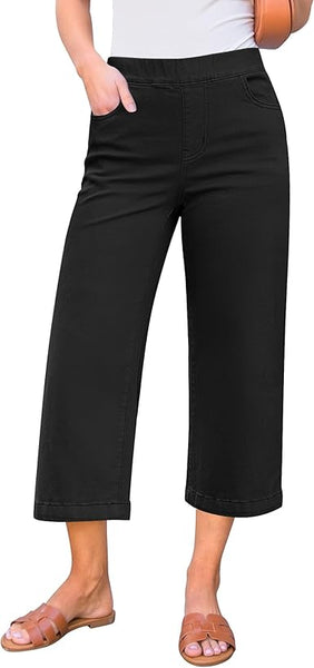 GRAPENT Capri Jeans for Women Wide Leg High Waisted Effortless Flow Pull On Stretchy Denim Elastic Waist Pants with Pockets