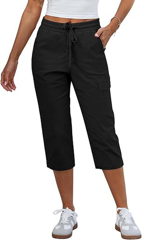 GRAPENT Capri Pants for Women Cargo Elastic Waist Pull On Drawstring Summer Casual Capris Cotton Chino Cropped Pants