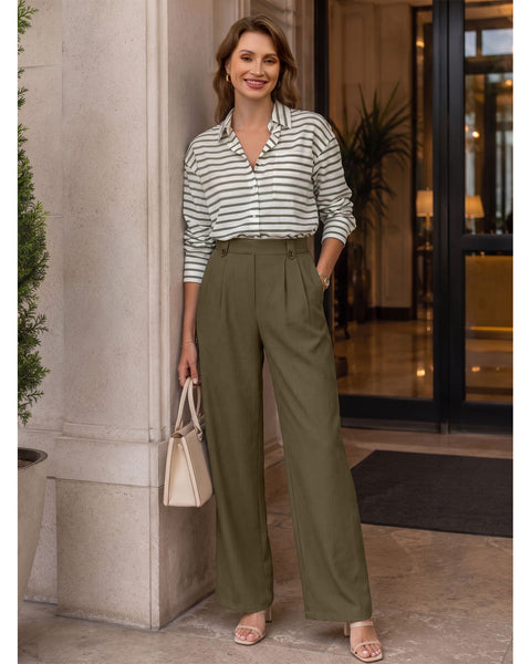 GRAPENT Dress Pants Women Wide Leg Business Casual Pull On Work Trousers | Pull On Closure, High Waisted, Elastic Back Waist, Front Pleated, Dressy Casual Pants, Office Wear, Business Casual Outfits