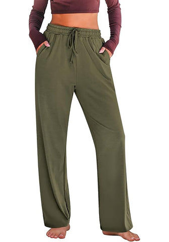 Women's Casual Elastic Waist Full Length Relaxed Fit Stretch Wide Leg Pants Side Pocket