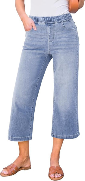 GRAPENT Capri Jeans for Women Wide Leg High Waisted Effortless Flow Pull On Stretchy Denim Elastic Waist Pants with Pockets