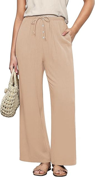 GRAPENT Linen Wide Leg Pants Woman High Waisted Pull On Button Drawstring Baggy Casual Summer Palazzo Pants with Pockets