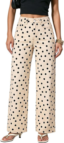 GRAPENT Wide Leg Jeans for Women High Waisted Polka Dot Stretch Denim Pants | Polka Dot, 90s Baggy Straight, High Rise, 29.5 Inch Inseam, Stretchy Jean Pants, Classic 5 Pockets, Business Casual Outfits