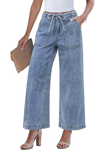 GRAPENT Wide Leg Jeans for Women Trendy High Waisted Drawstring Tie Elastic Waist Stretchy Denim Pants Trouser Jeans