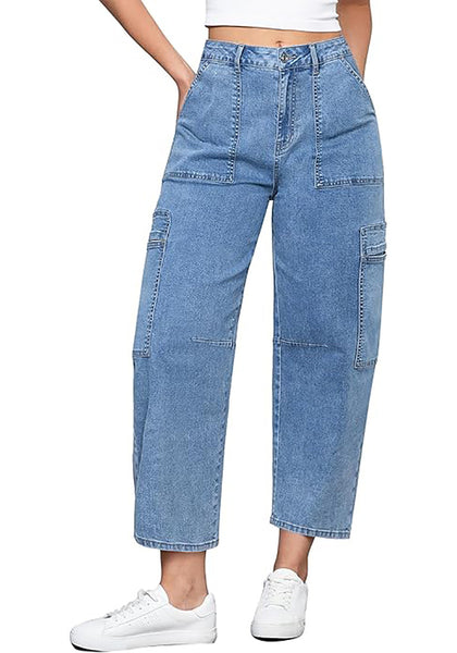 GRAPENT Barrel Jeans for Women Trendy High Waisted Cropped Cargo Pocket Baggy Stretch Denim Pants Wide Leg Tapered Jeans