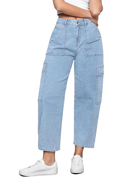 GRAPENT Barrel Jeans for Women Trendy High Waisted Cropped Cargo Pocket Baggy Stretch Denim Pants Wide Leg Tapered Jeans