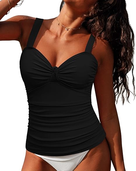 GRAPENT Women's Solid Stretch Ruched Twist Front Tankini Top With No Bottom
