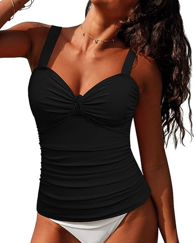 GRAPENT Women's Solid Stretch Ruched Twist Front Tankini Top With No Bottom
