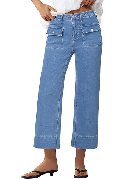 GRAPENT Wide Leg Jeans for Women Trendy High Waisted Straight Leg Cropped Stretchy Denim Pants with Retro Patch Pockets