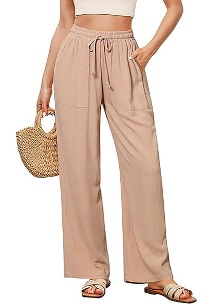 GRAPENT Linen Pants for Women Wide Leg High Waisted Baggy Drawstring Elastic Waist Palazzo Trousers Pants with Pockets