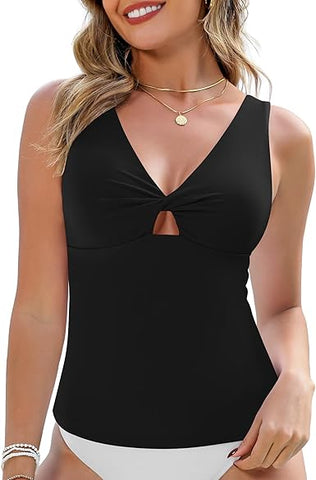 GRAPENT StrapCore Tankini Tops for Women Swimwear Twisted Keyhole Padded Bathing Suit Beach Vacation Modest Swimsuit Swim Top Only