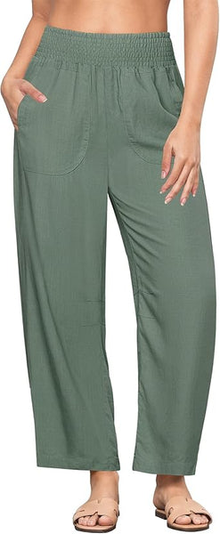 GRAPENT Linen Pants Women Wide Leg High Waisted Cropped Barrel Pull On Smocked Elastic Waist Summer Pants with Pockets