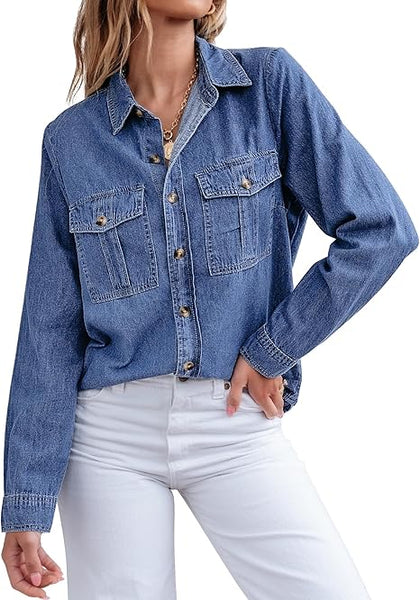 Grapent Women's Supima Cotton Wrinkle-free Relaxed Fit  Button Shirt Workwear-inspired Denim Shirt
