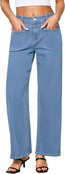 GRAPENT Wide Leg Jeans for Women Trendy High Waisted Loose Straight Leg Stretchy Retro Denim Pants with Pouch Pockets