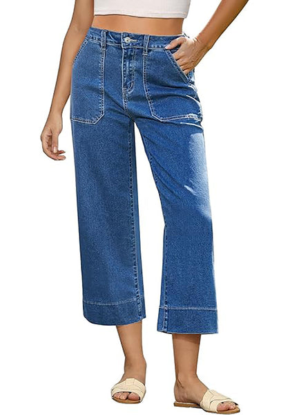GRAPENT Capri Jeans for Women High Waisted Wide Leg Trendy Strechy Loose Straight Cropped Denim Jeans Pants with Pockets