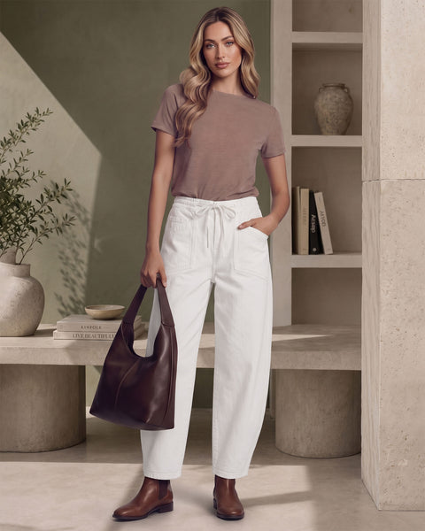GRAPENT Barrel Jeans for Women High Waisted Elastic Waist Baggy Denim Pants | Barrel Leg, Ankle Length, Stretchy Drawstring Jeans, High Rise Fit, 27.5" Inseam, Front Patch Pockets, Dressy Casual Outfits