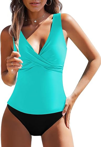 GRAPENT Tankini Tops for Women Cross Over Adjustable Straps Padded Modest Swimsuits Swimwear Bathing Suit Swim Top Only