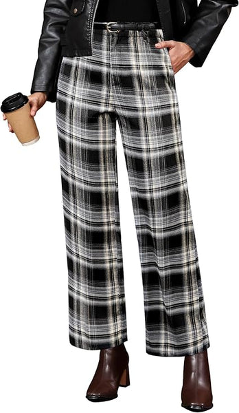 GRAPENT Plaid Pants for Women Wide Leg High Waisted Tartan Work Business Casual Elastic Waist Trousers Pants with Pocket