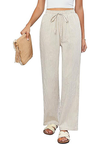 GRAPENT Striped Pants for Women High Waisted Wide Leg Cotton Linen Trendy Beach Pull on Elastic Waist Casual Flowy Pants