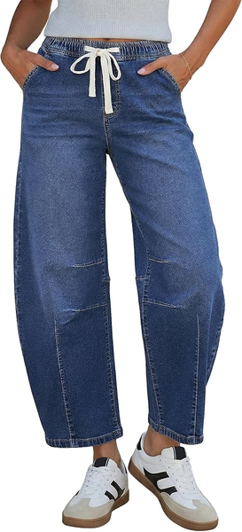 GRAPENT Barrel Jeans for Women Trendy High Waisted Cropped Baggy Wide Leg Pull On Elastic Waist Stretchy Denim Pants