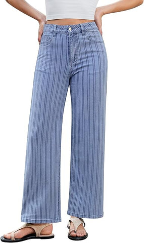 GRAPENT Striped Jeans for Women Trendy High Waisted Wide Leg Dressy Casual Stretchy Denim Pants Trouser Jeans