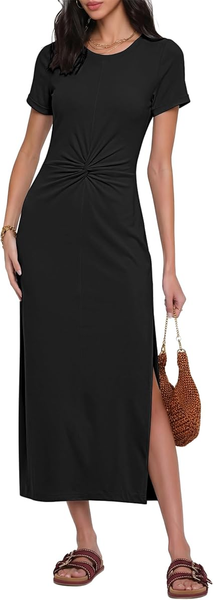 GRAPENT Long Dresses for Women Summer Casual Side Slit Twist Front 2026 Beach Vacation Short Sleeve Comfy Tshirt Dress