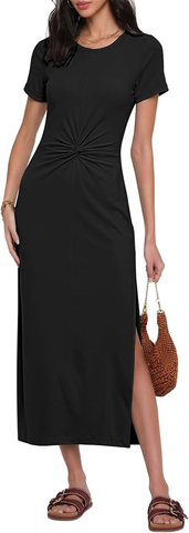 GRAPENT Long Dresses for Women Summer Casual Side Slit Twist Front 2026 Beach Vacation Short Sleeve Comfy Tshirt Dress