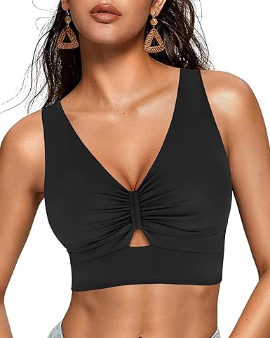 GRAPENT StrapCore Bikini Tops for Women Cropped Tankini Tops Beach Ruched Knot Cut Out Padded Adjustable Swimwear Swim Top Only