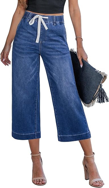 GRAPENT Capris Jeans for Women Trendy Wide Leg Capri Pants High Waisted Pull On Elastic Waist Summer Stretch Denim Jeans