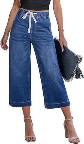 GRAPENT Capris Jeans for Women Trendy Wide Leg Capri Pants High Waisted Pull On Elastic Waist Summer Stretch Denim Jeans
