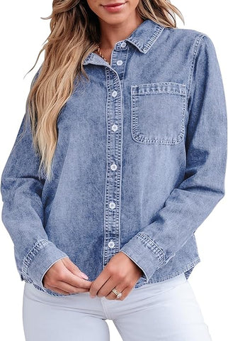 Grapent Denim Shirt For Women's Shirt Sleeve Vintage Non-iron Fitted Button Down Blouse