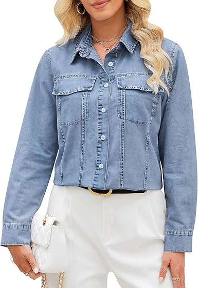 GRAPENT Women's Shirt Rugged Button Down Loose Durable Classic Fitted Denim Blouse Top