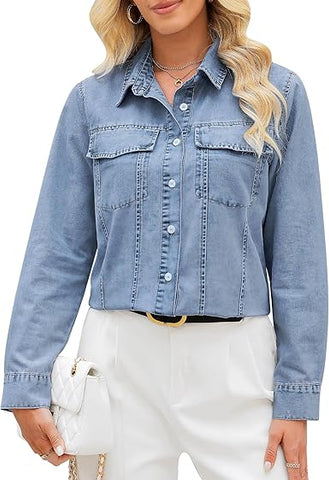 GRAPENT Women's Shirt Rugged Button Down Loose Durable Classic Fitted Denim Blouse Top