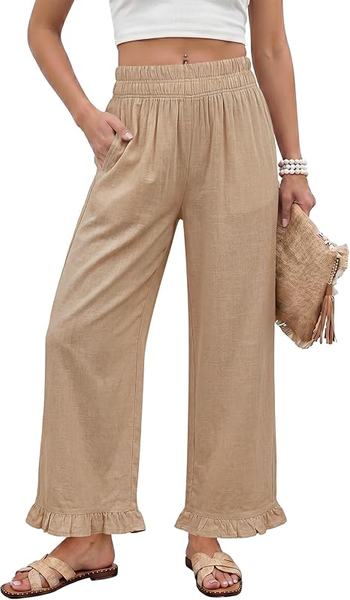GRAPENT Linen Pants Women Wide Leg Ruffle Hem Pull On High Waisted Elastic Waist Cropped Ankle Casual Beach Summer Pants