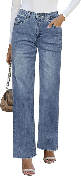 GRAPENT Straight Leg Jeans for Women High Waisted Stretchy Frayed Raw Hem Loose Denim Pants Casual Baggy Jean Trousers