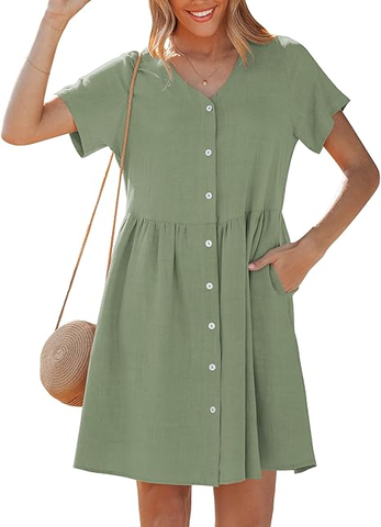 GRAPENT Linen Dresses for Women Casual Summer Babydoll Button Down Short Sleeve V Neck Above Knee Dress with Pockets