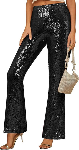 GRAPENT Sequin Pants for Women Flare High Waisted Pull On Elastic Waist Party Club Night Out Dance Stretch Sparkly Pants