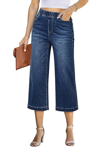GRAPENT Capri Jeans for Women Wide Leg High Waisted Effortless Flow Pull On Stretchy Denim Elastic Waist Pants with Pockets