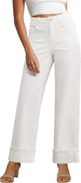 GRAPENT Wide Leg Jeans for Women Trendy High Waisted Cuffed Hem Stretchy Denim Trousers Pants Work Casual Jeans