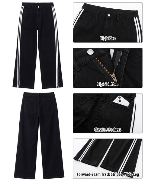 GRAPENT Wide Leg Jeans for Women High Rise Track Stripe Stretch Denim Pants Womens Jeans High Waisted, Full Length, 29.5" Inseam, Classic 5 Pockets, 90s Baggy Style, Country Concert, Work Casual Outfit