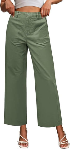 GRAPENT Wide Leg Pants for Women Cropped Chino High Waisted Business Casual Elastic Waist Work Trouser Pants with Pocket