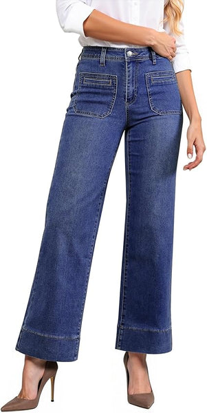 GRAPENT Wide Leg Jeans Woman Trendy High Waisted Patch Pocket Stretchy Denim Pants Vintage Casual Trouser Jeans