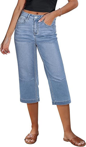 GRAPENT Capri Jeans for Women Mid Rise Straight Leg Casual Relaxed Fit Summer Cropped Stretchy Denim Capris Pants