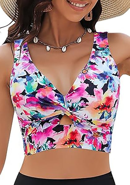 GRAPENT Bikini Tops for Women Cropped Tankini Tops Floral Printed Beach Padded Knot Twist Cut Out Bathing Suit Top Only